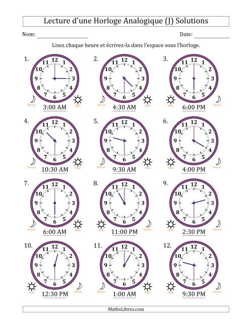 Lecture de l'Heure sur Une Horloge Analogique utilisant le système horaire sur 12 heures avec 30 Minutes d'Intervalle (12 Horloges) (J) page 2