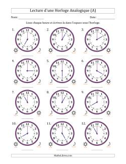 Lecture de l'Heure sur Une Horloge Analogique utilisant le système horaire sur 12 heures avec 1 Heures d'Intervalle (12 Horloges)