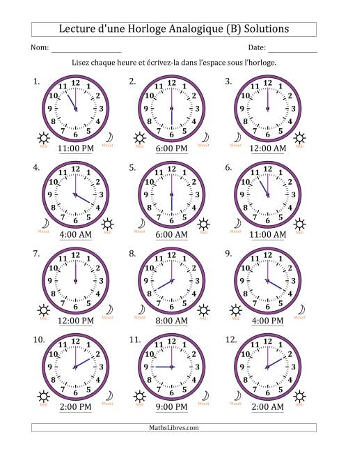 Lecture de l'Heure sur Une Horloge Analogique utilisant le système horaire sur 12 heures avec 1 Heures d'Intervalle (12 Horloges) (B) page 2