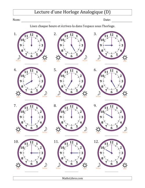 Lecture de l'Heure sur Une Horloge Analogique utilisant le système horaire sur 12 heures avec 1 Heures d'Intervalle (12 Horloges) (D)