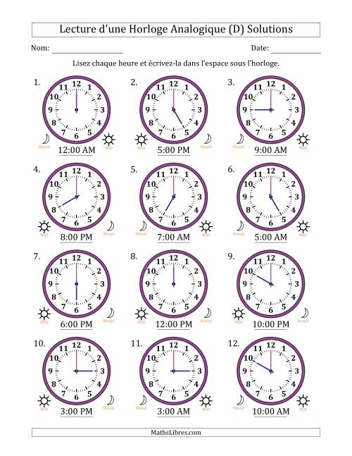 Lecture de l'Heure sur Une Horloge Analogique utilisant le système horaire sur 12 heures avec 1 Heures d'Intervalle (12 Horloges) (D) page 2