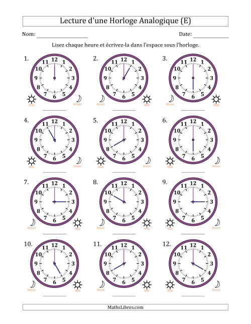 Lecture de l'Heure sur Une Horloge Analogique utilisant le système horaire sur 12 heures avec 1 Heures d'Intervalle (12 Horloges) (E)