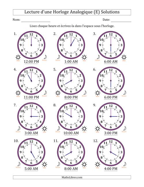 Lecture de l'Heure sur Une Horloge Analogique utilisant le système horaire sur 12 heures avec 1 Heures d'Intervalle (12 Horloges) (E) page 2