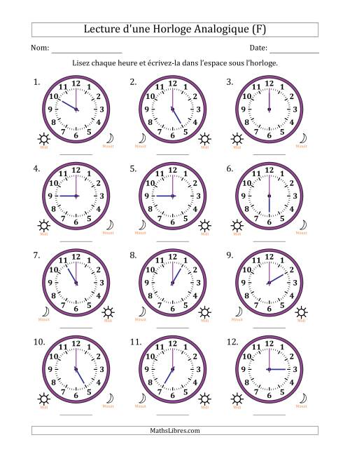 Lecture de l'Heure sur Une Horloge Analogique utilisant le système horaire sur 12 heures avec 1 Heures d'Intervalle (12 Horloges) (F)