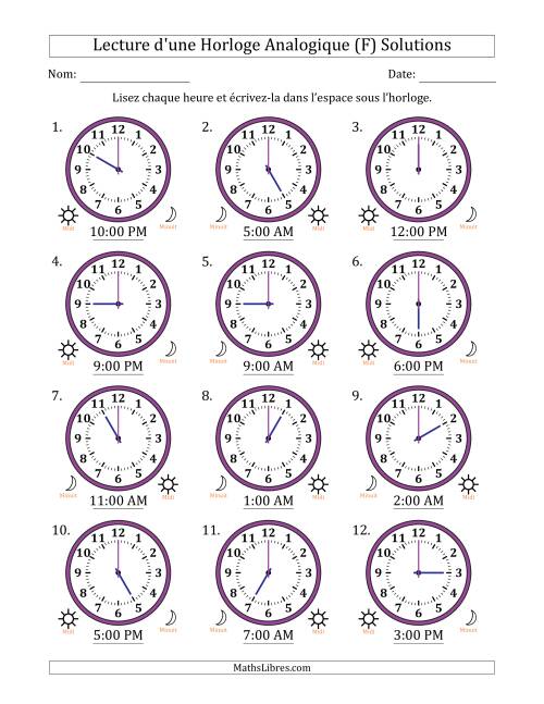 Lecture de l'Heure sur Une Horloge Analogique utilisant le système horaire sur 12 heures avec 1 Heures d'Intervalle (12 Horloges) (F) page 2