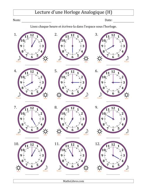Lecture de l'Heure sur Une Horloge Analogique utilisant le système horaire sur 12 heures avec 1 Heures d'Intervalle (12 Horloges) (H)