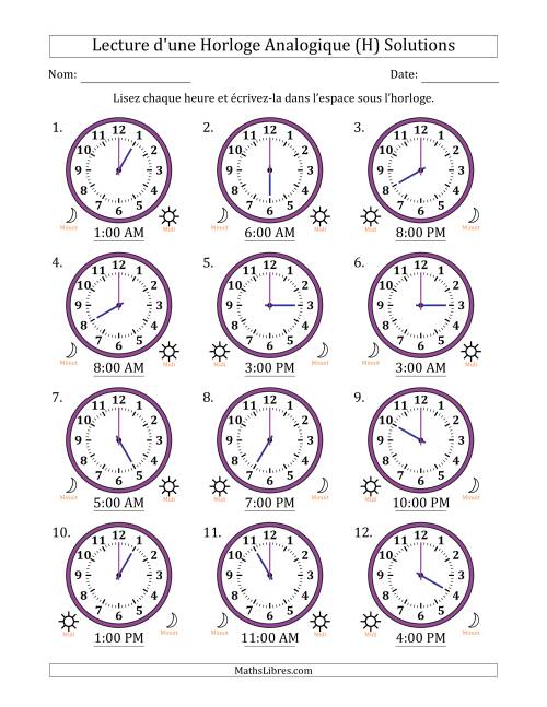 Lecture de l'Heure sur Une Horloge Analogique utilisant le système horaire sur 12 heures avec 1 Heures d'Intervalle (12 Horloges) (H) page 2