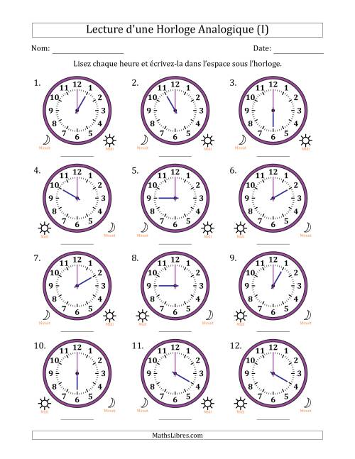 Lecture de l'Heure sur Une Horloge Analogique utilisant le système horaire sur 12 heures avec 1 Heures d'Intervalle (12 Horloges) (I)