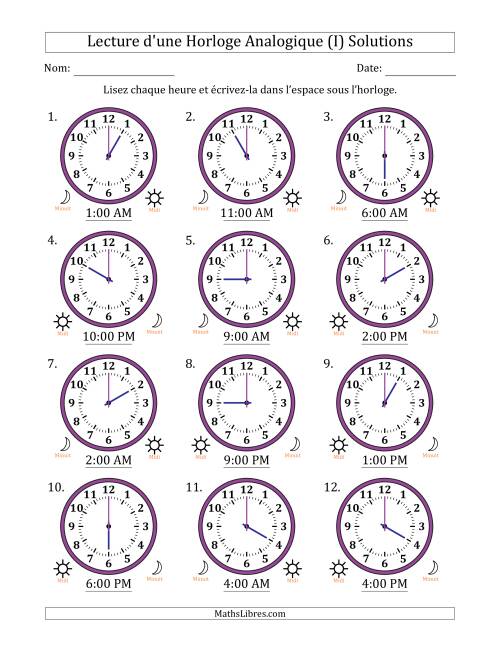 Lecture de l'Heure sur Une Horloge Analogique utilisant le système horaire sur 12 heures avec 1 Heures d'Intervalle (12 Horloges) (I) page 2