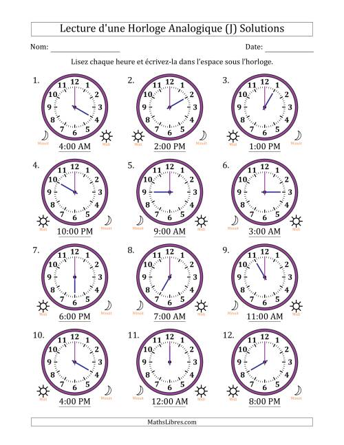 Lecture de l'Heure sur Une Horloge Analogique utilisant le système horaire sur 12 heures avec 1 Heures d'Intervalle (12 Horloges) (J) page 2