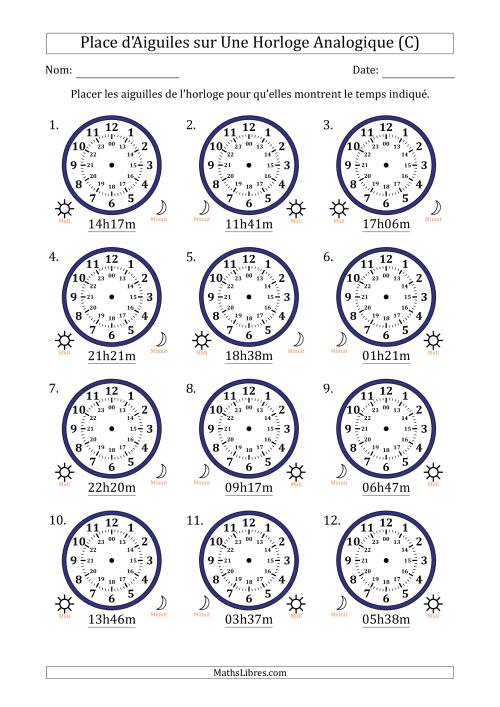 Place d'Aiguiles sur Une Horloge Analogique utilisant le système horaire sur 24 heures avec 1 Minutes d'Intervalle (12 Horloges) (C)