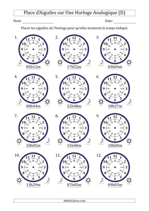 Place d'Aiguiles sur Une Horloge Analogique utilisant le système horaire sur 24 heures avec 1 Minutes d'Intervalle (12 Horloges) (D)