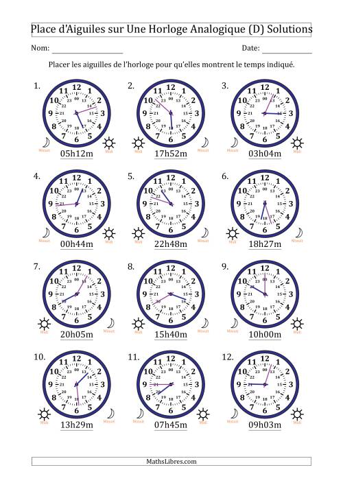 Place d'Aiguiles sur Une Horloge Analogique utilisant le système horaire sur 24 heures avec 1 Minutes d'Intervalle (12 Horloges) (D) page 2
