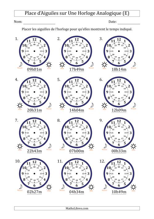 Place d'Aiguiles sur Une Horloge Analogique utilisant le système horaire sur 24 heures avec 1 Minutes d'Intervalle (12 Horloges) (E)