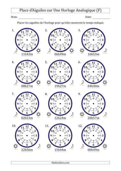 Place d'Aiguiles sur Une Horloge Analogique utilisant le système horaire sur 24 heures avec 1 Minutes d'Intervalle (12 Horloges) (F)