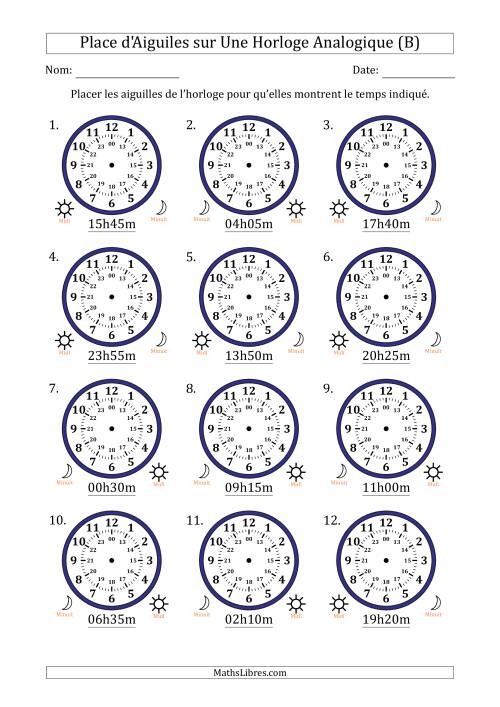 Place d'Aiguiles sur Une Horloge Analogique utilisant le système horaire sur 24 heures avec 5 Minutes d'Intervalle (12 Horloges) (B)