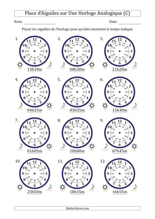 Place d'Aiguiles sur Une Horloge Analogique utilisant le système horaire sur 24 heures avec 5 Minutes d'Intervalle (12 Horloges) (C)