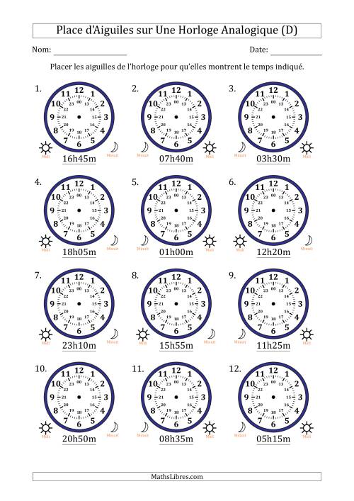 Place d'Aiguiles sur Une Horloge Analogique utilisant le système horaire sur 24 heures avec 5 Minutes d'Intervalle (12 Horloges) (D)