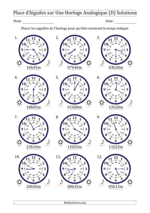 Place d'Aiguiles sur Une Horloge Analogique utilisant le système horaire sur 24 heures avec 5 Minutes d'Intervalle (12 Horloges) (D) page 2