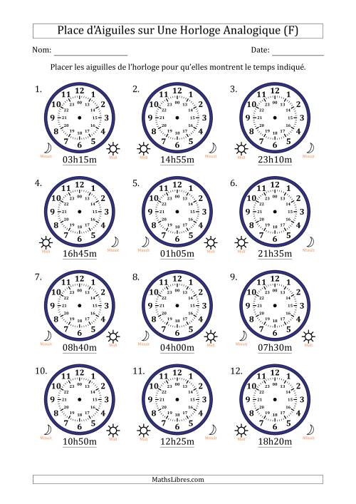 Place d'Aiguiles sur Une Horloge Analogique utilisant le système horaire sur 24 heures avec 5 Minutes d'Intervalle (12 Horloges) (F)