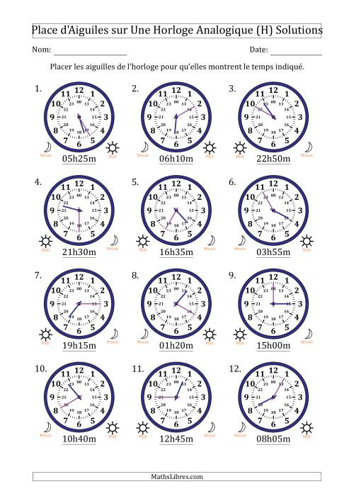 Place d'Aiguiles sur Une Horloge Analogique utilisant le système horaire sur 24 heures avec 5 Minutes d'Intervalle (12 Horloges) (H) page 2