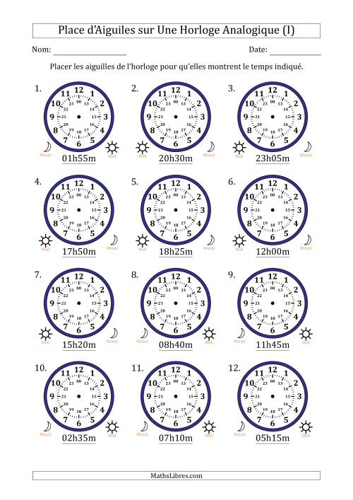 Place d'Aiguiles sur Une Horloge Analogique utilisant le système horaire sur 24 heures avec 5 Minutes d'Intervalle (12 Horloges) (I)