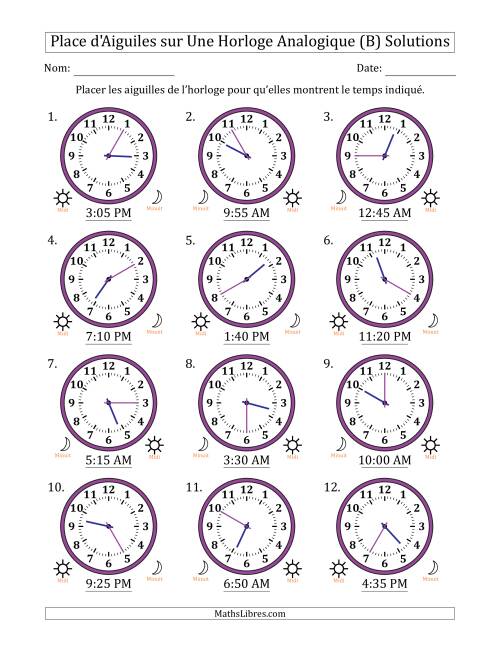 Place d'Aiguiles sur Une Horloge Analogique utilisant le système horaire sur 12 heures avec 5 Minutes d'Intervalle (12 Horloges) (B) page 2