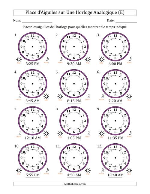 Place d'Aiguiles sur Une Horloge Analogique utilisant le système horaire sur 12 heures avec 5 Minutes d'Intervalle (12 Horloges) (E)