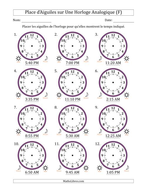 Place d'Aiguiles sur Une Horloge Analogique utilisant le système horaire sur 12 heures avec 5 Minutes d'Intervalle (12 Horloges) (F)