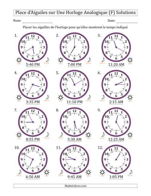 Place d'Aiguiles sur Une Horloge Analogique utilisant le système horaire sur 12 heures avec 5 Minutes d'Intervalle (12 Horloges) (F) page 2