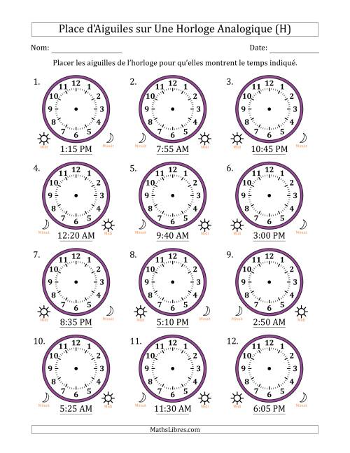 Place d'Aiguiles sur Une Horloge Analogique utilisant le système horaire sur 12 heures avec 5 Minutes d'Intervalle (12 Horloges) (H)