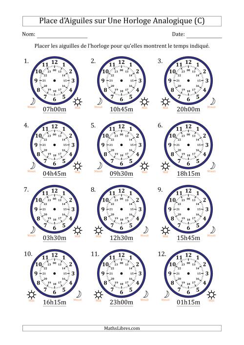 Place d'Aiguiles sur Une Horloge Analogique utilisant le système horaire sur 24 heures avec 15 Minutes d'Intervalle (12 Horloges) (C)