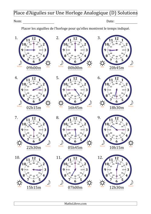 Place d'Aiguiles sur Une Horloge Analogique utilisant le système horaire sur 24 heures avec 15 Minutes d'Intervalle (12 Horloges) (D) page 2