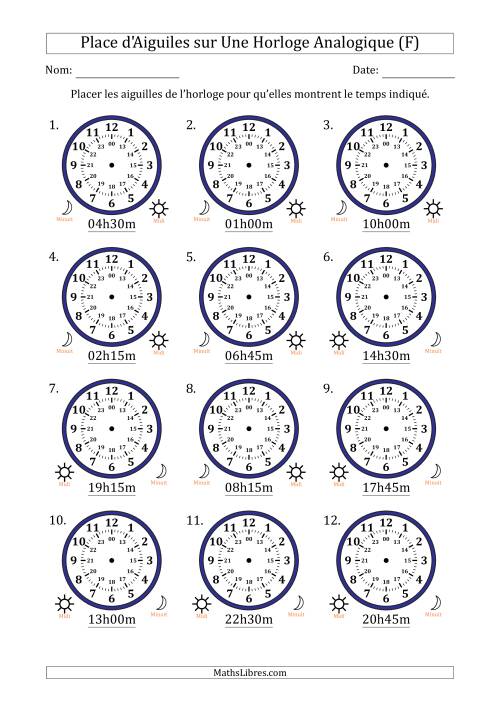 Place d'Aiguiles sur Une Horloge Analogique utilisant le système horaire sur 24 heures avec 15 Minutes d'Intervalle (12 Horloges) (F)