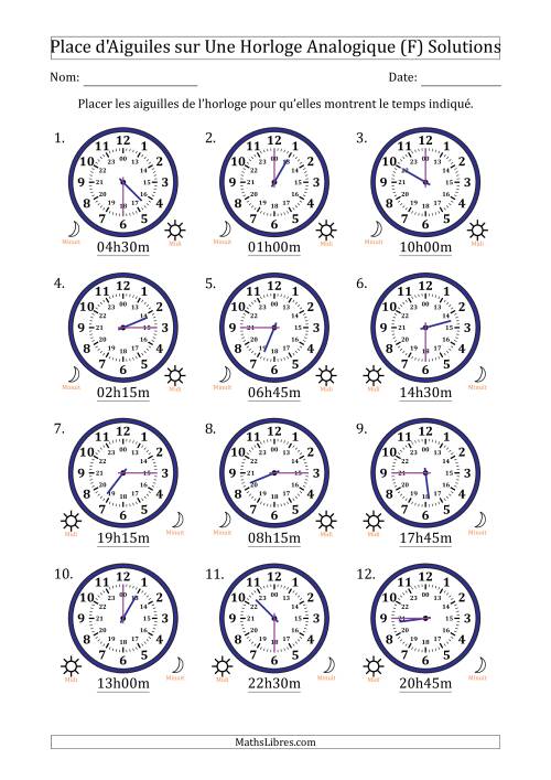 Place d'Aiguiles sur Une Horloge Analogique utilisant le système horaire sur 24 heures avec 15 Minutes d'Intervalle (12 Horloges) (F) page 2