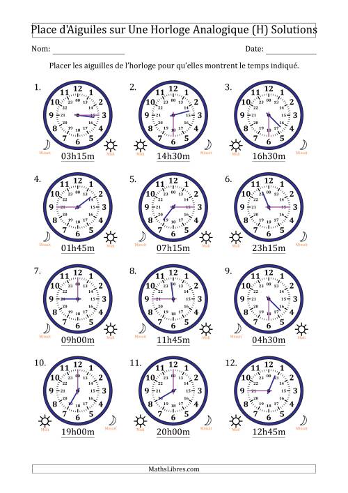 Place d'Aiguiles sur Une Horloge Analogique utilisant le système horaire sur 24 heures avec 15 Minutes d'Intervalle (12 Horloges) (H) page 2