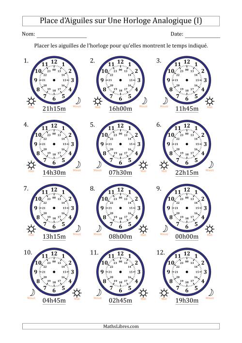 Place d'Aiguiles sur Une Horloge Analogique utilisant le système horaire sur 24 heures avec 15 Minutes d'Intervalle (12 Horloges) (I)