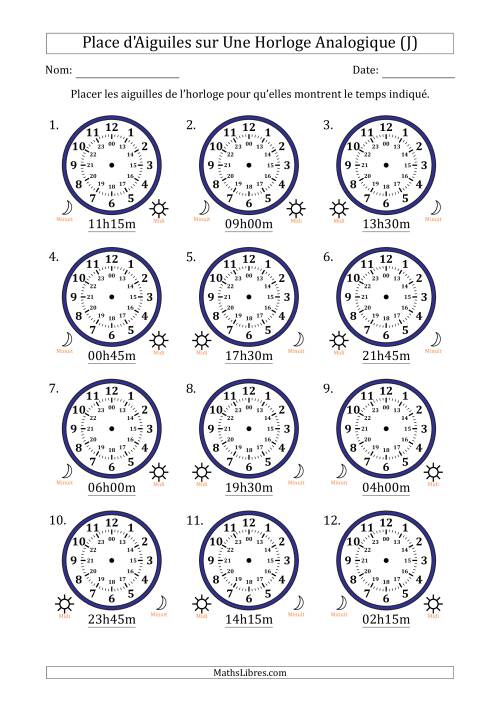 Place d'Aiguiles sur Une Horloge Analogique utilisant le système horaire sur 24 heures avec 15 Minutes d'Intervalle (12 Horloges) (J)
