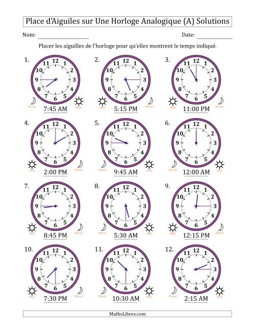 Place d'Aiguiles sur Une Horloge Analogique utilisant le système horaire sur 12 heures avec 15 Minutes d'Intervalle (12 Horloges) (A) page 2