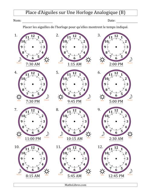 Place d'Aiguiles sur Une Horloge Analogique utilisant le système horaire sur 12 heures avec 15 Minutes d'Intervalle (12 Horloges) (B)