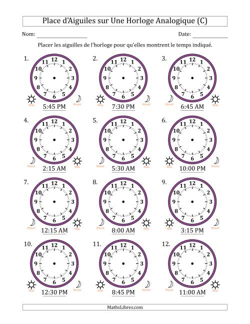 Place d'Aiguiles sur Une Horloge Analogique utilisant le système horaire sur 12 heures avec 15 Minutes d'Intervalle (12 Horloges) (C)