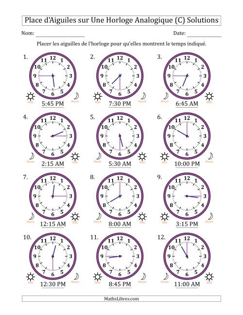 Place d'Aiguiles sur Une Horloge Analogique utilisant le système horaire sur 12 heures avec 15 Minutes d'Intervalle (12 Horloges) (C) page 2