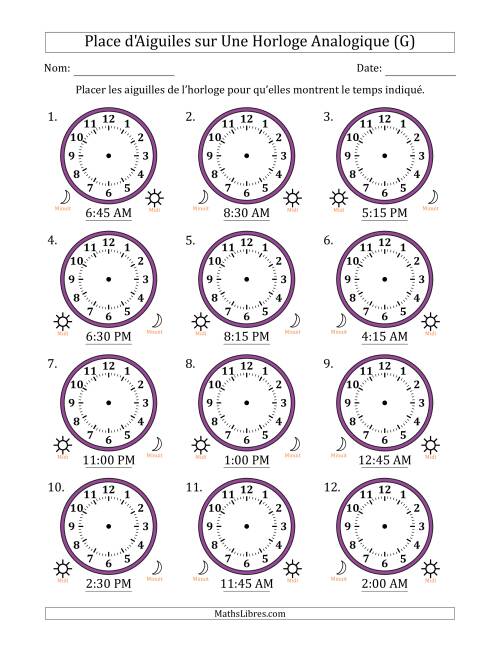Place d'Aiguiles sur Une Horloge Analogique utilisant le système horaire sur 12 heures avec 15 Minutes d'Intervalle (12 Horloges) (G)