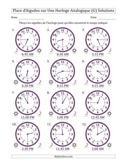 Place d'Aiguiles sur Une Horloge Analogique utilisant le système horaire sur 12 heures avec 15 Minutes d'Intervalle (12 Horloges) (G) page 2