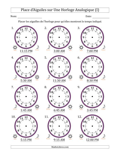 Place d'Aiguiles sur Une Horloge Analogique utilisant le système horaire sur 12 heures avec 15 Minutes d'Intervalle (12 Horloges) (I)