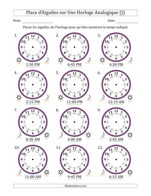 Place d'Aiguiles sur Une Horloge Analogique utilisant le système horaire sur 12 heures avec 15 Minutes d'Intervalle (12 Horloges) (J)