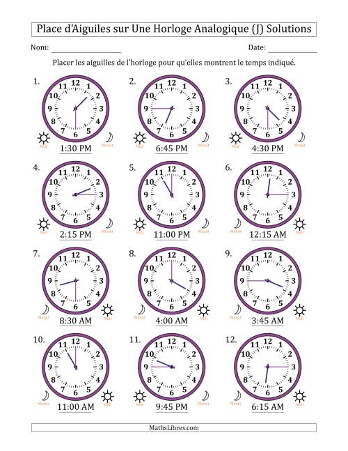 Place d'Aiguiles sur Une Horloge Analogique utilisant le système horaire sur 12 heures avec 15 Minutes d'Intervalle (12 Horloges) (J) page 2
