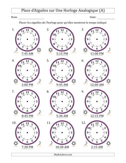 Place d'Aiguiles sur Une Horloge Analogique utilisant le système horaire sur 12 heures avec 15 Minutes d'Intervalle (12 Horloges) (Tout)