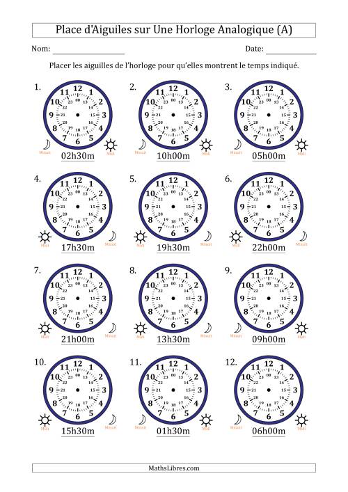 Place d'Aiguiles sur Une Horloge Analogique utilisant le système horaire sur 24 heures avec 30 Minutes d'Intervalle (12 Horloges) (A)