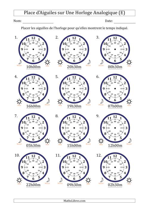 Place d'Aiguiles sur Une Horloge Analogique utilisant le système horaire sur 24 heures avec 30 Minutes d'Intervalle (12 Horloges) (E)